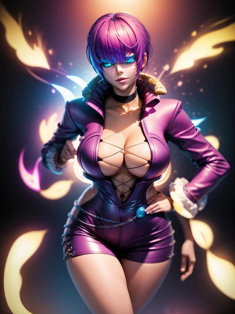 (night), in a video game scene with a neon background and a neon light,
Standing at attention,
pink suit, pink jacket, choker, neckline, clothing cut, 
earrings,
 purple hair, eyes completely covered by hair bangs ((hair over eyes)),
1 girl, 20 years old, Young woman, Beautiful finger, Beautiful long legs, Beautiful body, Beautiful nose, Beautiful character design, perfect face,
looking at viewer (focusing on his face), mouth closed, Light_Smile,
official art, extremely detailed CG unity 8k wallpaper, perfect lighting, colorful, bright front lighting, shiny skin,
(masterpiece: 1.0), (best_quality: 1.0), ultra-high resolution, 4K, ultra-detailed,
photography, 8K, HDR, high resolution, absurdities:1.2, Kodak portra 400, film grain, blurred background, bokeh:1.2, lens flare, (vibrant_color:1.2), professional photography,
(Beautiful, breasts: 1.4), (beautiful_face: 1.5), (narrow_waist),