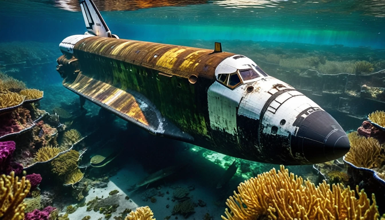 The ((really full rusty and dirty))) wreck of the long-ago crashed and sunken "space shuttle Discovery" spaceship lies deep 3000 feets down on the ground at the bottom of the ocean is covered with dark green algae. High angle camera lens view from above. (((The old wreck of the space shuttle sank into the ground it's ((dirty rusty covered with dark green algae ))) in the bottom of the ocean))) and surrounded by beautiful colorful corals around which various (((different colorful fishes are swimming))). In the seabed different colorful fishes are swimming around stunning colorful corals and the wreck of the space shuttle spaceship covered with dark green algae. The seabed is a beautiful sight as the light beams of the yellowish sunlight and sun's rays are filter through the surface of the water into the dark greenish blue deepness. Contrast lighting, natural lighting. Photorealistic fishes and corals, lifelike textures and movements, Insanely intricate details and photorealistic materials. Photorealistic Reflections. Natural lights, neutral colors, lomochrome, vintage color tones, dramatic, dynamic composition. Lifelike textures, sharp focus, depth of field, cinematic lighting, contrast lighting, volumetric lighting, best shadows, sharp focus, depth of field, photorealism, realism, cinematic, Best quality , hdr, uhd, 8k