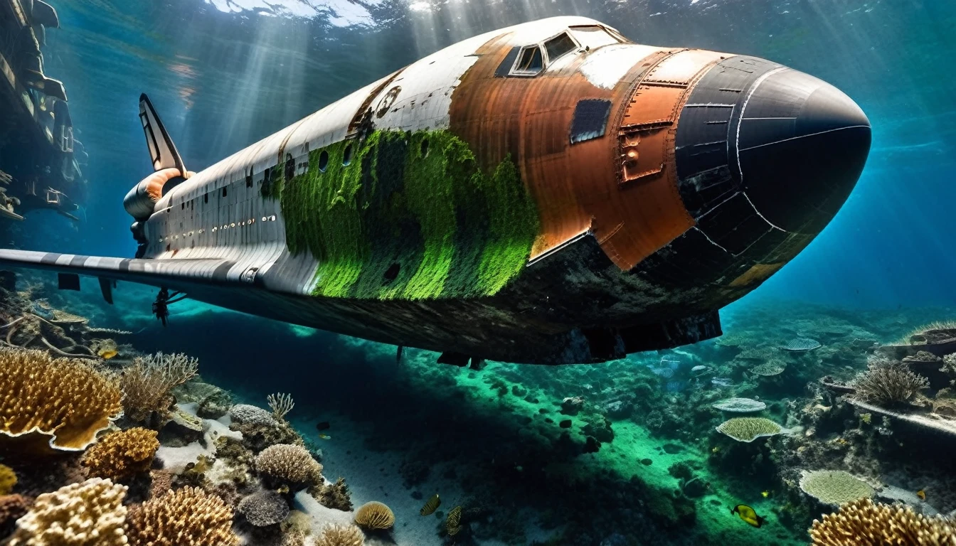 The ((really full rusty and dirty))) wreck of the long-ago crashed and sunken "space shuttle Discovery" spaceship lies deep 3000 feets down on the ground at the bottom of the ocean is covered with dark green algae. High angle camera lens view from above. (((The old wreck of the space shuttle sank into the ground it's ((dirty rusty covered with dark green algae ))) in the bottom of the ocean))) and surrounded by beautiful colorful corals around which various (((different colorful fishes are swimming))). In the seabed different colorful fishes are swimming around stunning colorful corals and the wreck of the space shuttle spaceship covered with dark green algae. The seabed is a beautiful sight as the light beams of the yellowish sunlight and sun's rays are filter through the surface of the water into the dark greenish blue deepness. Contrast lighting, natural lighting. Photorealistic fishes and corals, lifelike textures and movements, Insanely intricate details and photorealistic materials. Photorealistic Reflections. Natural lights, neutral colors, lomochrome, vintage color tones, dramatic, dynamic composition. Lifelike textures, sharp focus, depth of field, cinematic lighting, contrast lighting, volumetric lighting, best shadows, sharp focus, depth of field, photorealism, realism, cinematic, Best quality , hdr, uhd, 8k
