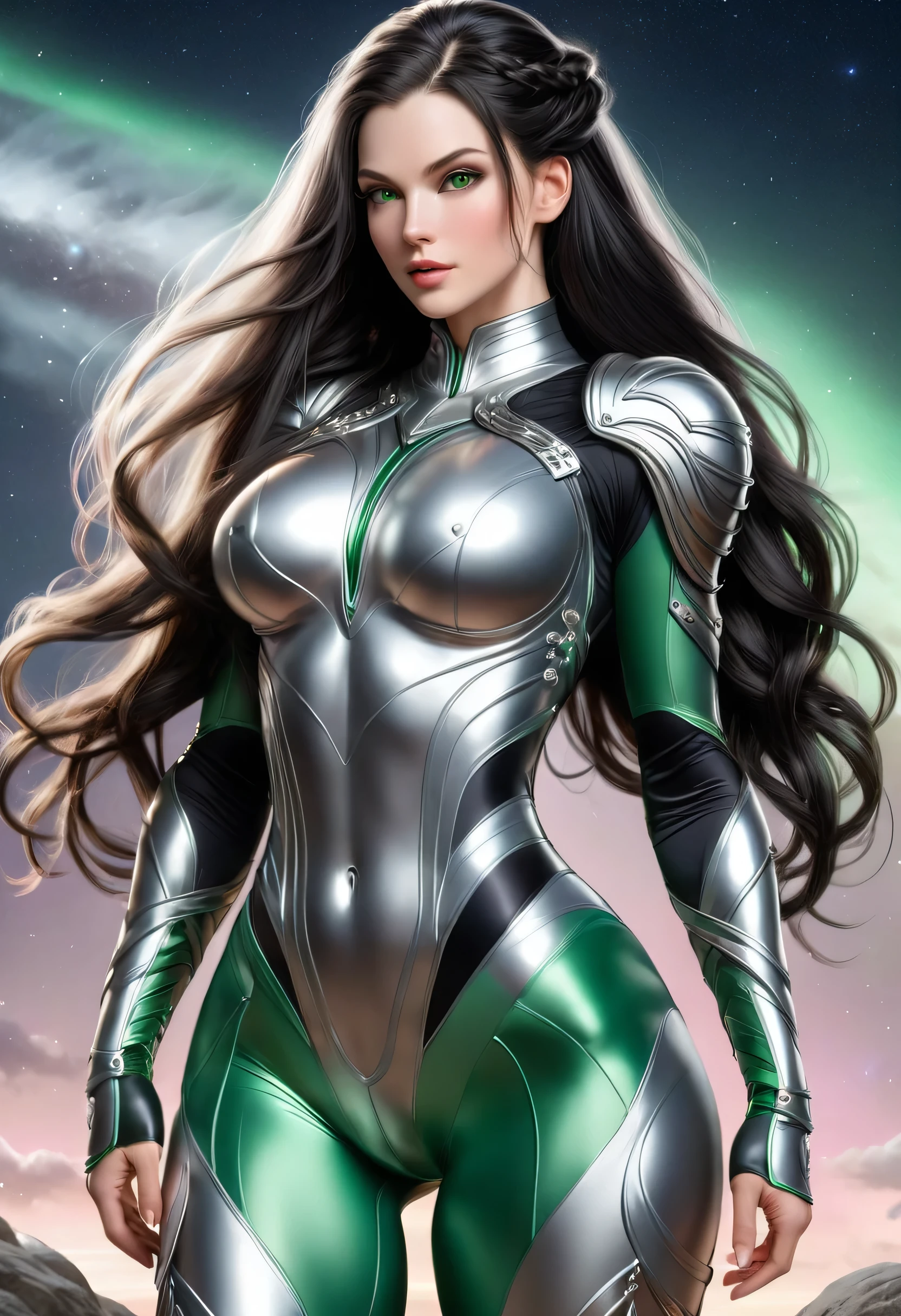 BOMBSHELL BLACK-HAIRED VALKYRIE, pale skin, light gray eyes, high cheekbones, rosy cheeks, MENTAL FORAMEN, HUGE LONG HAIR, Double Braided Hair, SILVER THONG LEOTARD ARMOR, long sleeves, PRATA SOB O BODYSUIT, GREEN NECK BODY, LONG SILVER GAUNTLETS, athletic curvy body, DETAILED QUADRICEPS, muscles, Side view of the body, full body perspective, SPRITE LIGHTINGS, night sky, accurate image, work of art.