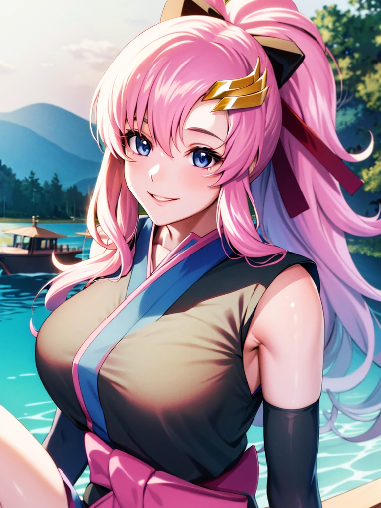 Armpit Show,masterpiece, Highest quality, High resolution, Lake 3, One Girl, alone, Lake 3, Pink Hair, Short kimono, blue eyes, hair ornaments, Very long hair, black sleeves, Sleeveless, kimono, bow, Black kimono, hair bow, ponytail, Floating Hair, Hair between the eyes, Big Breasts, Sitting, Sheet, Spaceship, smile, 