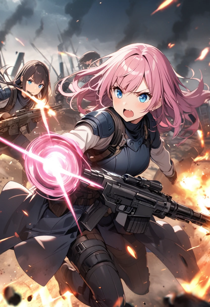 battlefield、Charge、Girl with pink hair、blue eyes