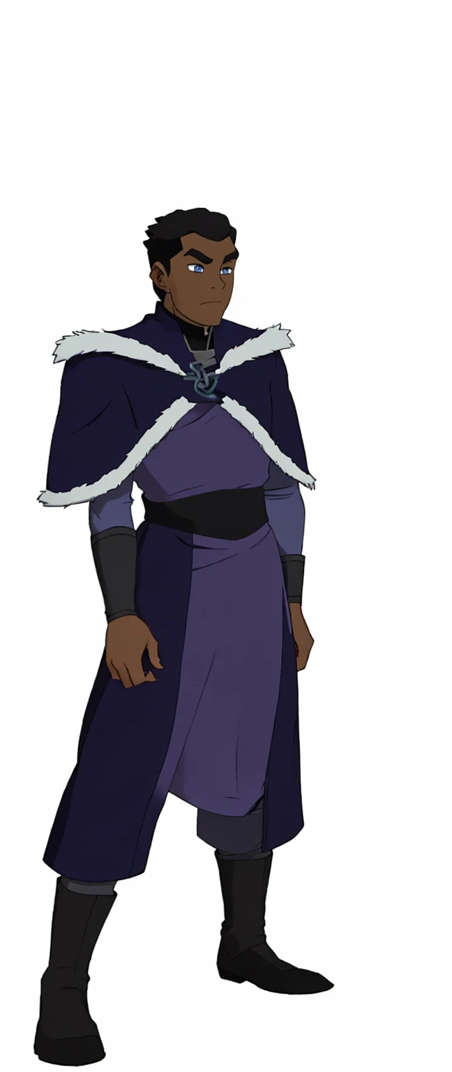 African-American, Bolin, water tribe traditional clothing mixed of blue and purple, with fur in shoulders and neck. Long sleeve, skinny, water tribe outfit. A dark blue or black high-collared sleeveless robe or tunic
A purple tabard or overtunic with lighter purple trim
A white fur-trimmed cape or cloak over the shoulders, fastened with a metal clasp
Black pants or leggings
Black boots that come up to just below the knee
A dark wristband or bracelet on one wrist

The character has dark skin, short black hair, and a serious expression. The outfit appears to be a mix of formal and practical styles, possibly indicating a character of some authority or importance in an animated series or film. The color scheme is primarily dark blues, purples, and black, with the white fur trim providing contrast.