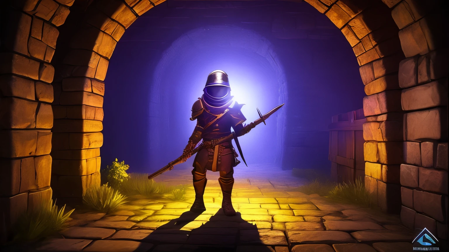Make a Game Cover, where the game takes place in a medieval dungeon and the protagonist is a soldier with a helmet, the main color of the dungeon is purple, e o nome tem que ser Dungeon Crusade