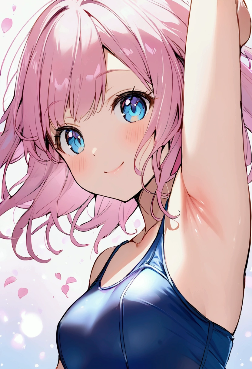 School Swimsuit、Show your side、Armpit close-up、Upper Body、smile、Girl with pink hair、blue eyes