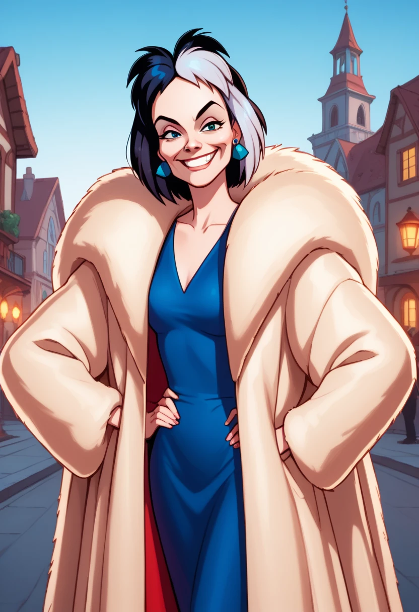 score_9, score_8, score_9, BREAK, cruella, multicolored hair, dress, fur coat, earrings, smirk, outdoors, natural lighting