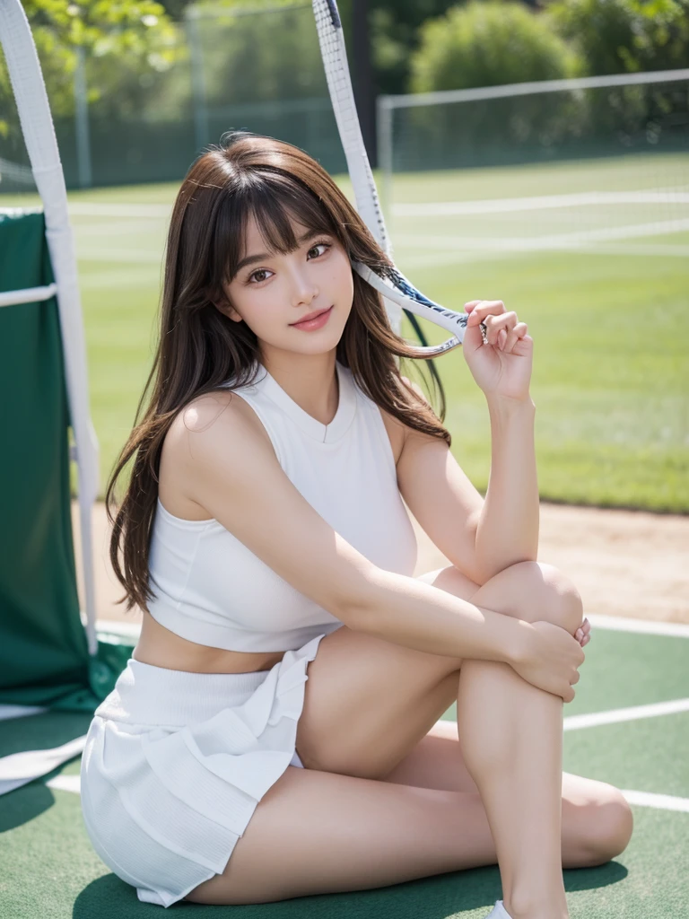 White tennis wear、tennis racket、Tennis ball、Tennis court、(Highest quality)、((Very detailed))、4K、(8k)、masterpiece、Very detailedな、Highest quality、Super Resolution、1 person、Kind Face、A little smile, Soft Light、RAW quality、Soft Skin、152cm、20-year-old girl、Cute type, Big Natural Color Lip, (Perfect figure), Beautiful feet, Voluptuous thighs、Panchira Pose, Bold sexy idol pose, Soft long hair, bangs, Brown Hair, 1 personの女の子, Highest Resolution, Big and cute eyes, A clear double, White pleated micro mini skirt, Voluptuous thighs, plump big breasts, I'm a little sweaty, I can see your pants, Beautiful pussy line,