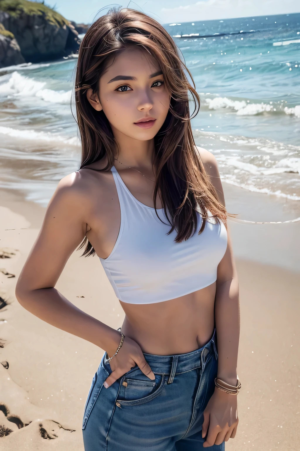 High-resolution portrait photograph of a young woman with fair skin and long, brown hair. She has striking blue eyes, well-defined eyebrows, and a slightly parted mouth. The woman is wearing a white sleeveless top and a thin black bracelet on her left wrist. She is standing on a sandy beach with the ocean visible in the background. The lighting is natural, suggesting it is taken during the day, with soft shadows enhancing her facial features. Her expression is neutral, and she is looking directly at the camera, with one hand touching her hair.