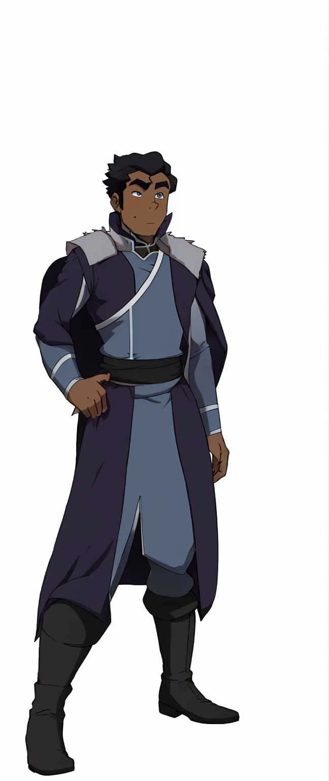 African-American, Bolin, water tribe traditional clothing mixed of blue and purple, with fur in shoulders and neck. Long sleeve, skinny, water tribe outfit. A dark blue or black high-collared sleeveless robe or tunic
A purple tabard or overtunic with lighter purple trim
A white fur-trimmed cape or cloak over the shoulders, fastened with a metal clasp
Black pants or leggings
Black boots that come up to just below the knee
A dark wristband or bracelet on one wrist

The character has dark skin, short black hair, and a serious expression. The outfit appears to be a mix of formal and practical styles, possibly indicating a character of some authority or importance in an animated series or film. The color scheme is primarily dark blues, purples, and black, with the white fur trim providing contrast.