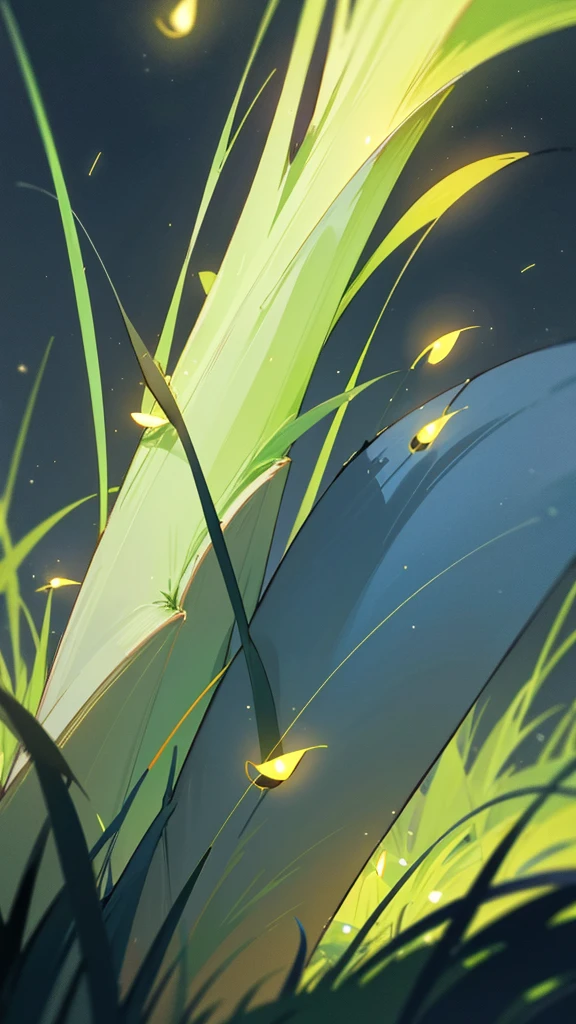 Create a photograph featuring a close-up view of fireflies glowing among grass blades against a dark, blue-toned background. The fireflies should emit a soft yellow-green light, and the overall scene should convey a sense of tranquility and natural beauty in the nighttime setting.
