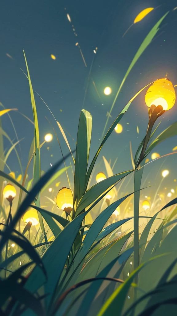 Create a photograph featuring a close-up view of fireflies glowing among grass blades against a dark, blue-toned background. The fireflies should emit a soft yellow-green light, and the overall scene should convey a sense of tranquility and natural beauty in the nighttime setting.