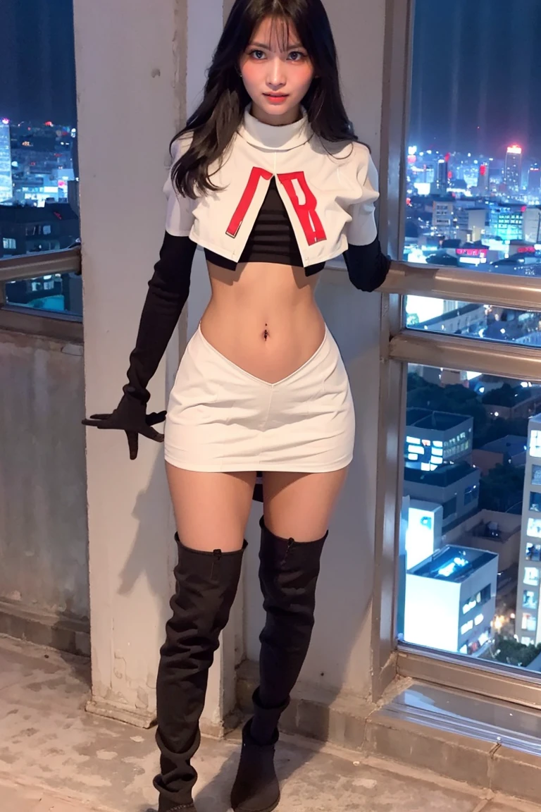 "1girl,photo of momo, brown hair,best quality, team rocket,team rocket uniform, red letter R, lowleg white skirt,white crop top,black thigh-highs, black elbow gloves,(detailed face:1.4), (looking at viewer:1.4), shiny skin, smile, city at night background ,(full body:1) 