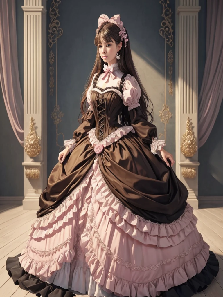 best quality, masterpiece, best definition, artwork, super detailed, many details, details, detailed, woman, 20 years, full body, full body, ball gown, super detailed dress, long dress, dress with many ruffles, dress with many bows, pink bows, victorian dress, detailed victorian dress, victorian dress with bows, pink, ruffles, perfect skin, whole body, brown hair. --auto --s2