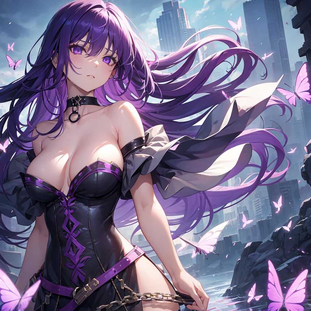 1 girl、mature、Ample breasts、Purple Hair、Long Hair、Sharp eyes、Low - Angle、From below、Bust Up Perspective、Upper Body、Shoulder Bare、Look to the side、choker、Butterflies fluttering、High resolution、Highest quality