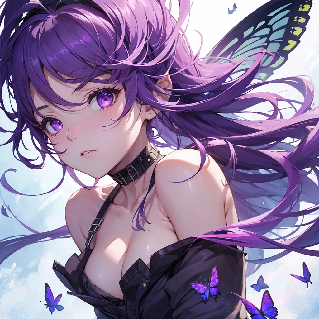 cowboy shot, ((no hat:1.3)), (8K, Highest quality, Highest quality, masterpiece), round chin, big breasts, wide hips, beautiful detailed face, detailed eyes, One girl, alone, cute, short bob hair, purple hair, Off the shoulder:1.2, street, purple jacket, white and black shirt, black short pants, beautiful fingers, purple nail, five fingers on each hand, hands on hips, put your hands in your pockets, purple theme,