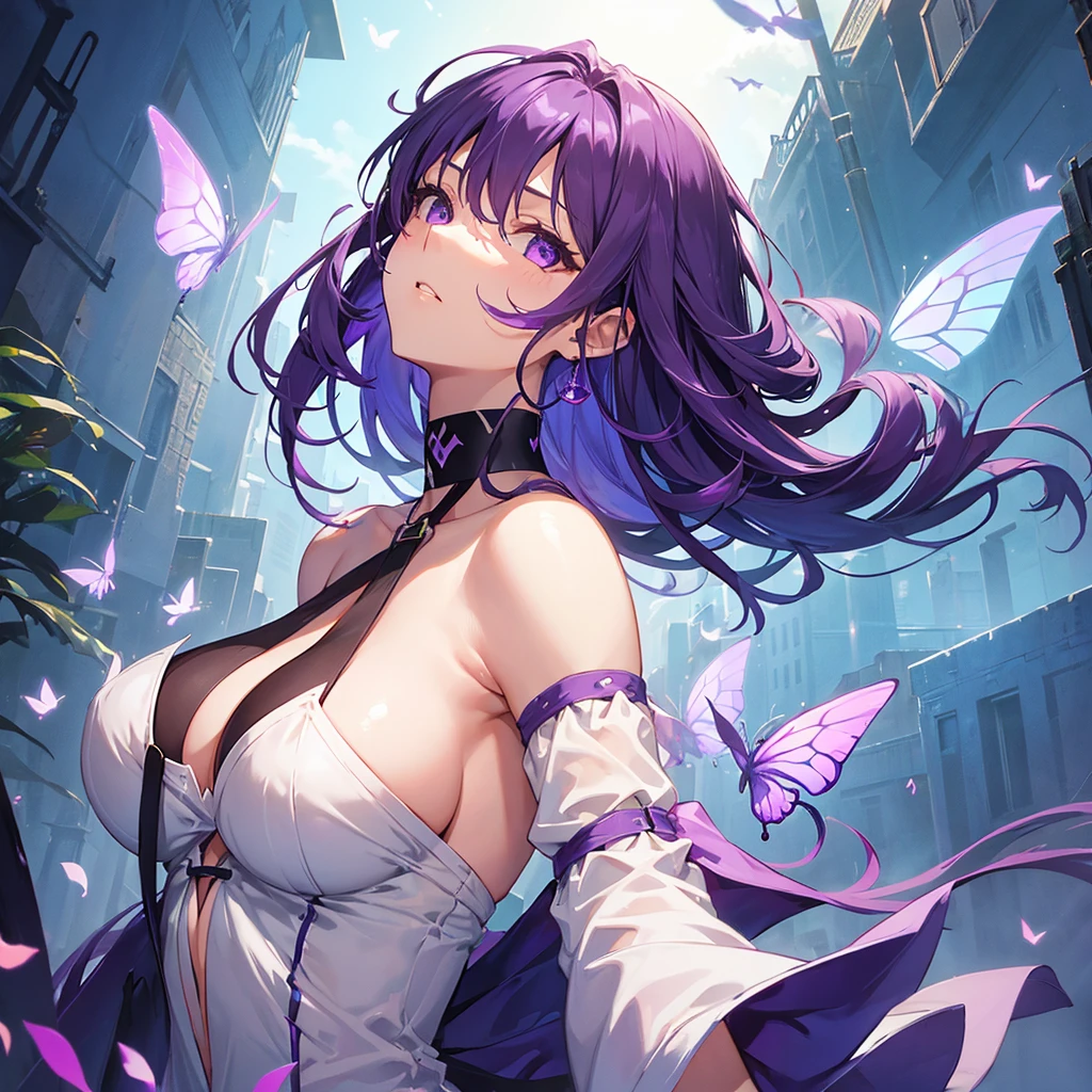 1 girl、mature、Ample breasts、Purple Hair、Long Hair、Sharp eyes、Low - Angle、From below、Bust Up Perspective、Upper Body、Shoulder Bare、Look to the side、choker、Butterflies fluttering、High resolution、Highest quality