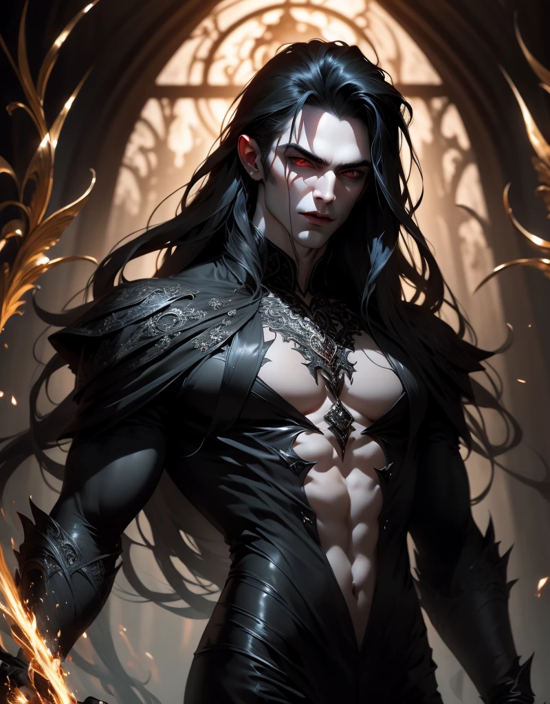 {anatomy}(Masterpiece - Ultra-detailed, very high resolution) Prepare to be enchanted by a true masterpiece that combines ultra-detailed art with high-resolution rendering. This work portrays a vampire man with long black hair (1.3) and captivating golden eyes (1.2), emanating an aura of mystery in dark settings. The intricate details and realistic textures invite you to explore every aspect of this enchanting composition. Vampire man. Black tunic. Serious expressions. Pale skin like a vampire. Dynamic poses.