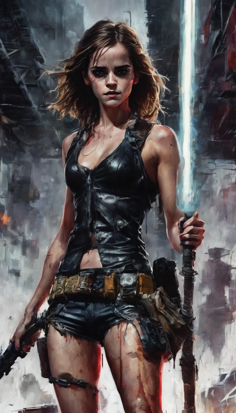 Emma Watson, A post-apocalyptic warrior, a 35-year-old woman almost naked in the Simon Bisley style for the cover of Heavy Metal magazine, red leather top, half black half white, minimal clothing, Short clothes, detailed face and body, dramatic lighting, vibrant colors, dystopian, sandy, cinematographic, Masterpiece, hyper detailed, ultra realistic, 8k, Very detailed