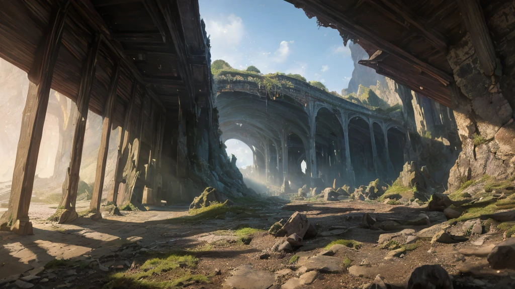 wide angle, panoramic view, a detailed fantasy landscape, enchanted forests, majestic mountains, inspired by tolkien, in the style of john howe, ruins, ruined fortress, best quality, 4k, 8k, highres, masterpiece:1.2, ultra-detailed, realistic, photorealistic, photo-realistic:1.37, hdr, uhd, studio lighting, ultra-fine painting, sharp focus, physically-based rendering, extreme detail description, professional, vivid colors, bokeh, cinematic