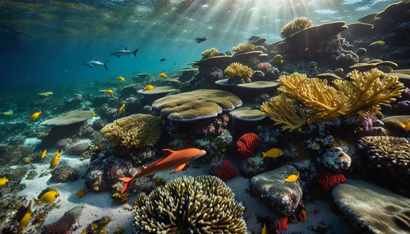 In the seabed dolphins swimming close to the viewer, in the background there are different (((colorful swimming fishes and stunning colorful corals around))).There is a red starfish on the ground. The seabed is a beautiful sight as the light beams of the yellowish sunlight, sun's rays are filter through the surface of the water into the dark greenish blue deepness. Contrast lighting, natural lighting. Dark Green algae and sea plants cover the stones in the deep sea. Photorealistic fishes and corals, lifelike textures and movements, Insanely intricate details and photorealistic materials. Photorealistic Reflections. Natural lights, neutral colors, lomochrome, vintage color tones, dramatic, dynamic composition. Lifelike textures, sharp focus, depth of field, cinematic lighting, contrast lighting, volumetric lighting, best shadows, sharp focus, depth pf field, photorealism, realism, cinematic, 35mm film Screengrab a 1950s Super Panavision 70 film in color. Best quality , hdr, uhd, 8k, 35 mm film, analog camera shot.