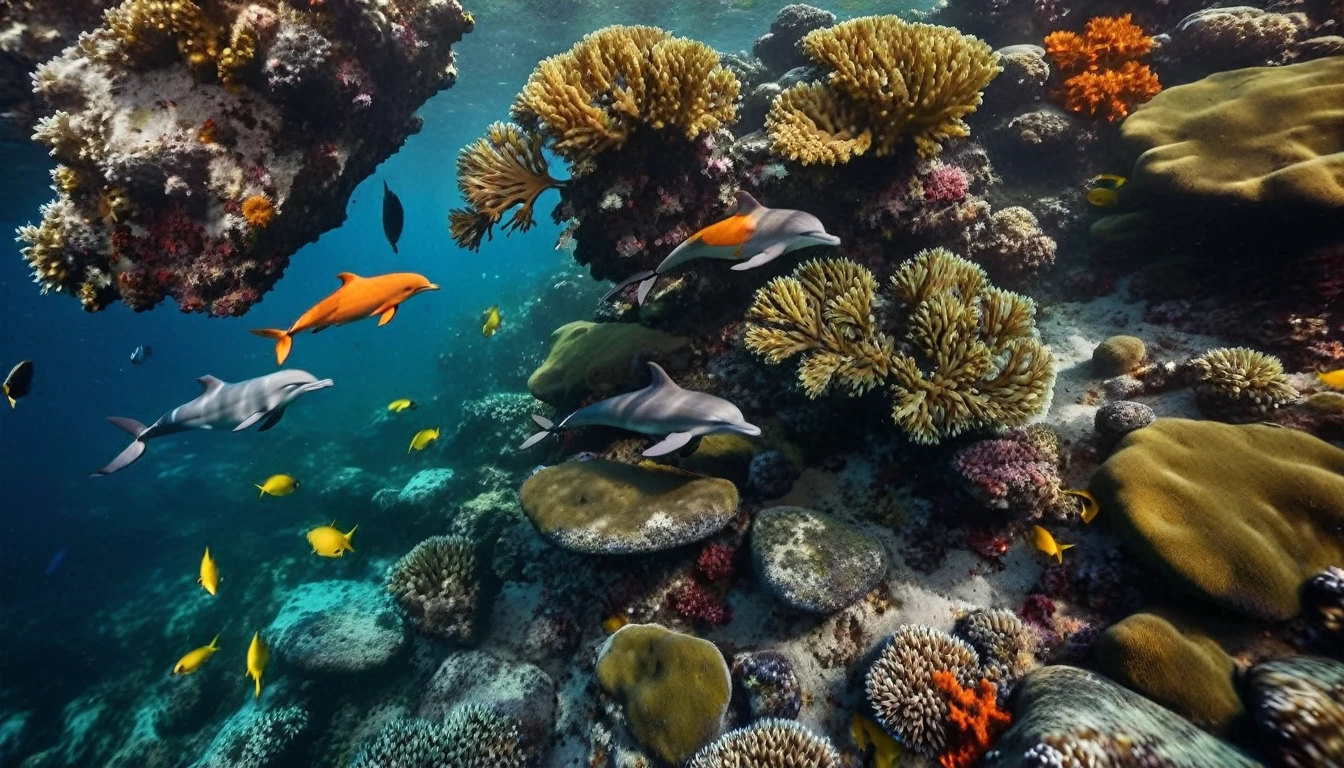 In the seabed dolphins swimming close to the viewer, in the background there are different (((colorful swimming fishes and stunning colorful corals around))).There is a red starfish on the ground. The seabed is a beautiful sight as the light beams of the yellowish sunlight, sun's rays are filter through the surface of the water into the dark greenish blue deepness. Contrast lighting, natural lighting. Dark Green algae and sea plants cover the stones in the deep sea. Photorealistic fishes and corals, lifelike textures and movements, Insanely intricate details and photorealistic materials. Photorealistic Reflections. Natural lights, neutral colors, lomochrome, vintage color tones, dramatic, dynamic composition. Lifelike textures, sharp focus, depth of field, cinematic lighting, contrast lighting, volumetric lighting, best shadows, sharp focus, depth pf field, photorealism, realism, cinematic, 35mm film Screengrab a 1950s Super Panavision 70 film in color. Best quality , hdr, uhd, 8k, 35 mm film, analog camera shot.

