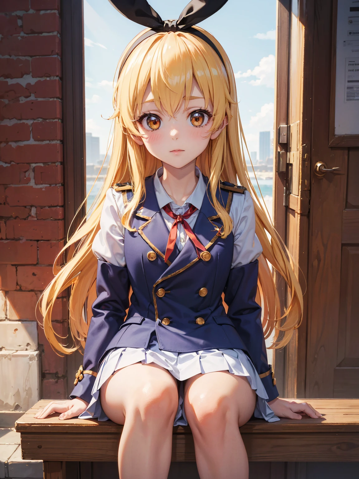 (masterpiece, best quality, highly detailed, ultra detailed, high resolution, absurdres, 4K, 8K:1.2), 
BREAK,shimakaze uniform:1.5, 10 years GIRL,Blonde_HAIR,(RED Ribbon on HAIRband:1.2)