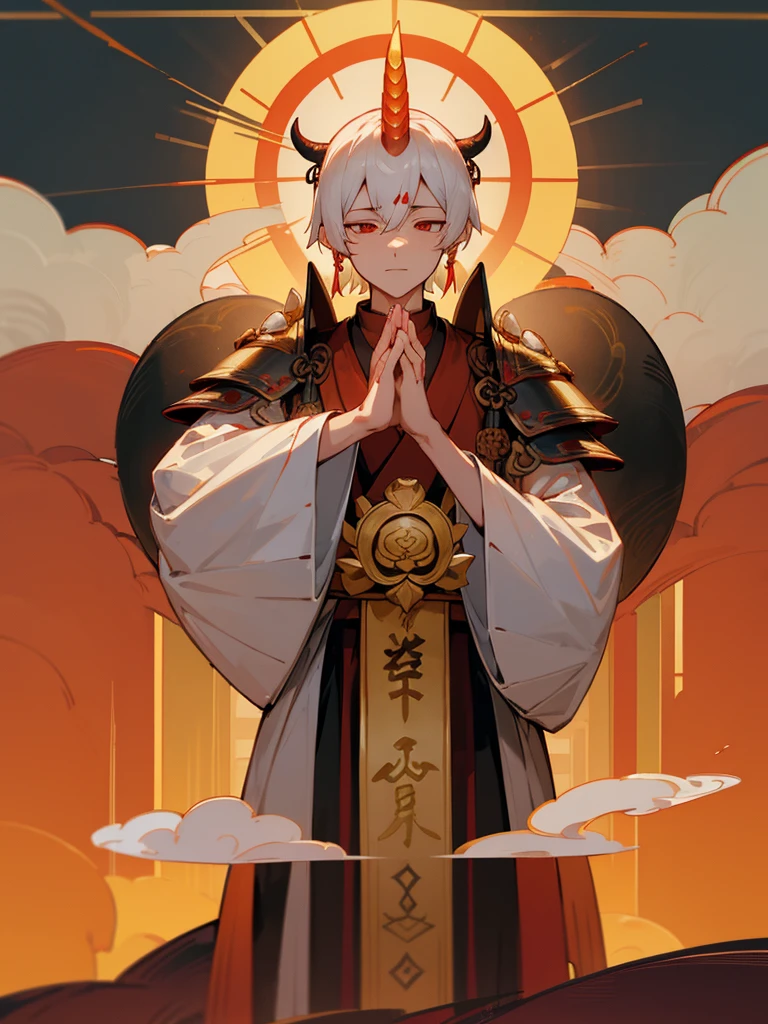 Dragon God Kannon Bodhisattva,Burning eyes, Horn, White Short Hair, Black Armor, torii, male, Actor Shaka, Praying with hands together, Zen meditation, Golden lion, Aiphone, Lotus field, Pure Land, Shinto-Buddhist fusion