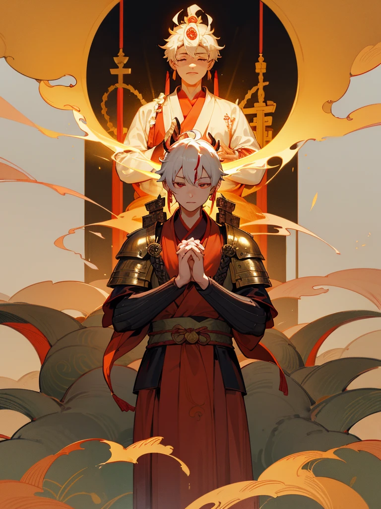 Dragon God Kannon Bodhisattva,Burning eyes, Horn, White Short Hair, Black Armor, torii, male, Actor Shaka, Praying with hands together, Zen meditation, Golden lion, Aiphone, Lotus field, Pure Land, Shinto-Buddhist fusion