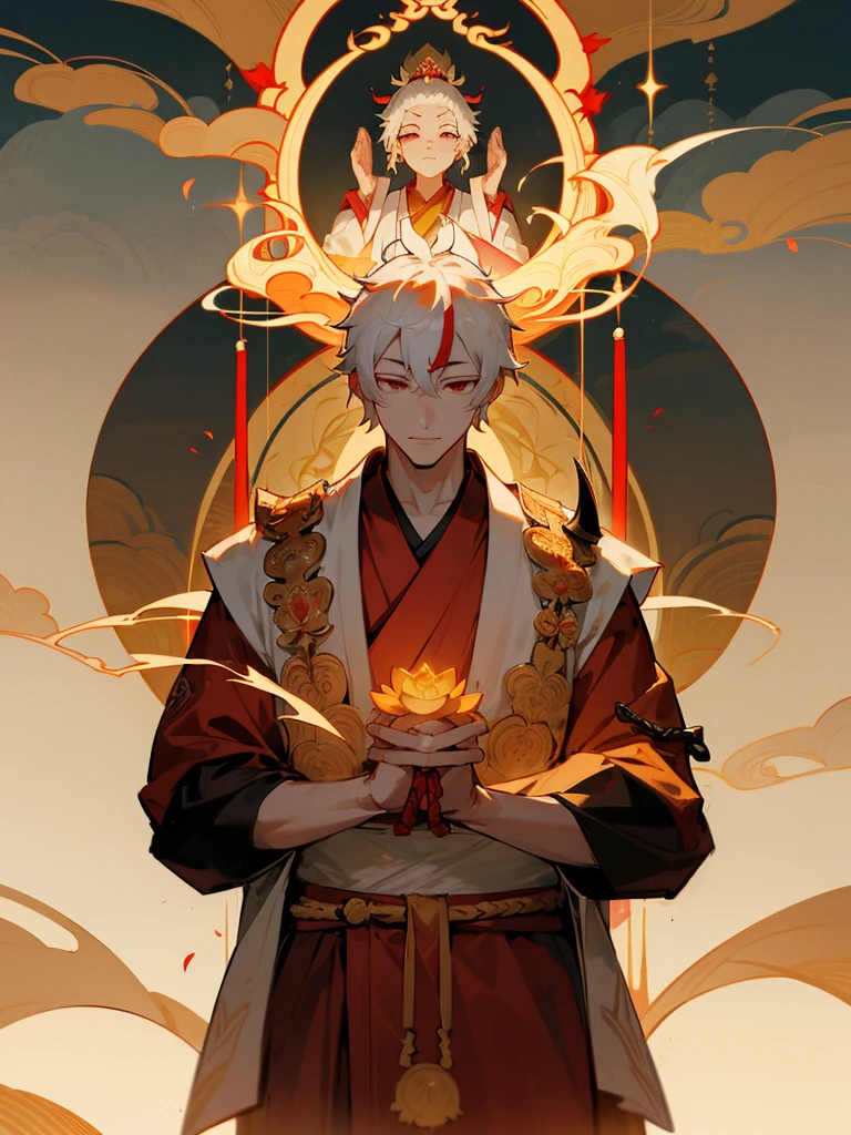 Dragon God Kannon Bodhisattva,Burning eyes, Horn, White Short Hair, Black Armor, torii, male, Actor Shaka, Praying with hands together, Zen meditation, Golden lion, Aiphone, Lotus field, Pure Land, Shinto-Buddhist fusion