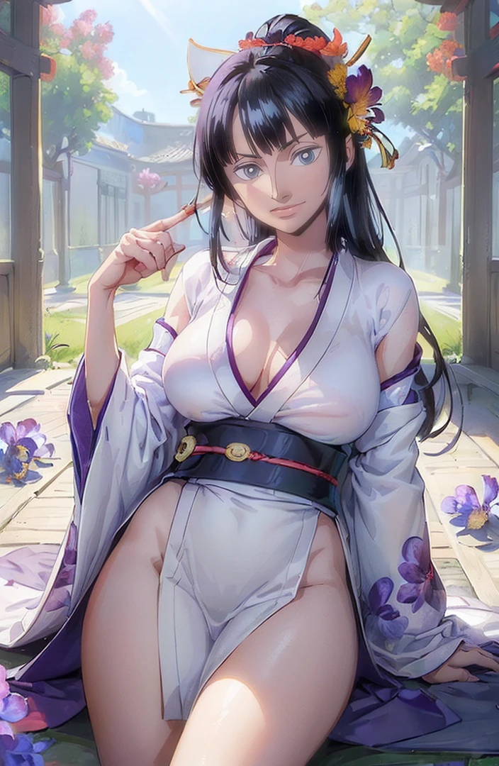 (((((Bright sunlit courtyard:1.3)))))、((((Very nice smile))))、((Direct your gaze this way))、1 girl,NsfW,(one peace wanokuni edition)、((ponytail、Red ribbon on the tie)) 、((they say olobi))、((A very sexy mini kimono dress with a large slit、(((Kimono obi)))、(((The white kimono is decorated with purple iris flowers)))、((Wearing a black haori with a red lining)),(()Exposed underboob:1.2)), White costume,((Short costume)),nico robin,(ONEPIECE),((Huge breasts 1.2)), clavicle, Glowing purple eyes,absurdists, brainwashing,Hollow Eyes, ((Expressionless, Emotional removal)),avert your eyes , Full body portrait, Outdoor, (highest quality、4K、8k、High resolution、Must have:1.2)、Very detailed、(reality、It is realistic.、Realistic:1.3)、ticker、hyper HD、Studio Lighting、Ultra High Definition Paint、Sharp focus、Physically Based Rendering、Extreme Detail、Professional specifications、Vibrancy and color、Blurred、Sports portrait、landscape、Horror Style、Anime Big Tits、sf、photograph、Concept Artist、Five Fingers, Perfect body, {{{masterpiece}}}, {{{highest quality}}}, {{Very detailed}}, {shape}, {{Very delicate and beautiful}},Improved cost performance、all roles、Canon 5D MK4でphotograph、photograph, ((((The back is surrounded by many flowers on the vast grassland、She is centered in the frontal shot、Surrounded by flowers that cover the background、they are、Illuminated by a dazzling light、Heavenly Sunshine))))、(((bright、flower、Tropical flower、Flower, not grass、Surrounded by majestic flower fields、The flower's height exceeds that of the person himself、Bright afternoon)))