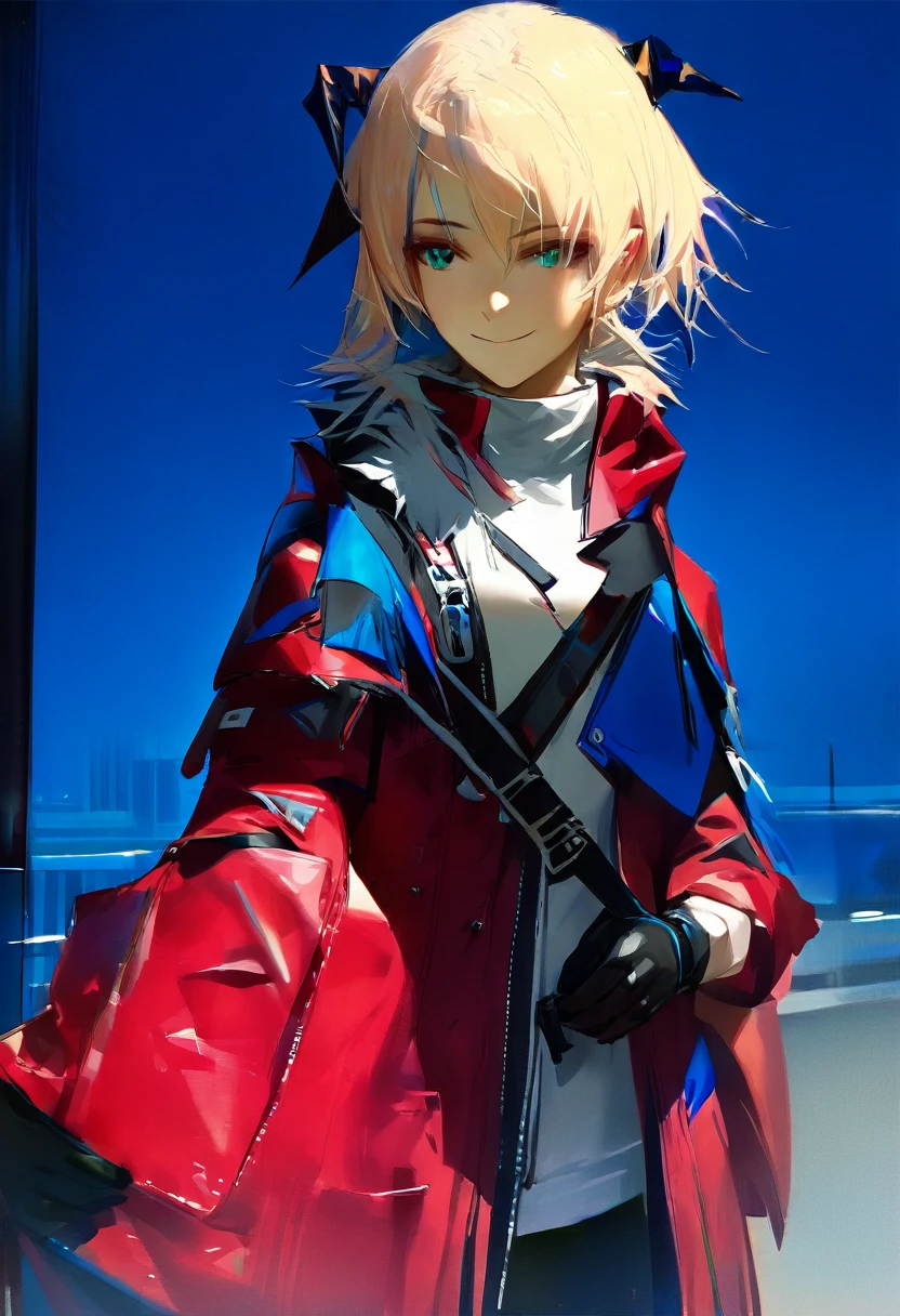 (woman), ((Mostima from arknights)), masterpiece, best quality, blue hair, ((short hair)), horns, plain white shirt, red fullbody coat, dark blue eyes, realistic anime style, smile, ((portrait)), black gloves, carring a bag.