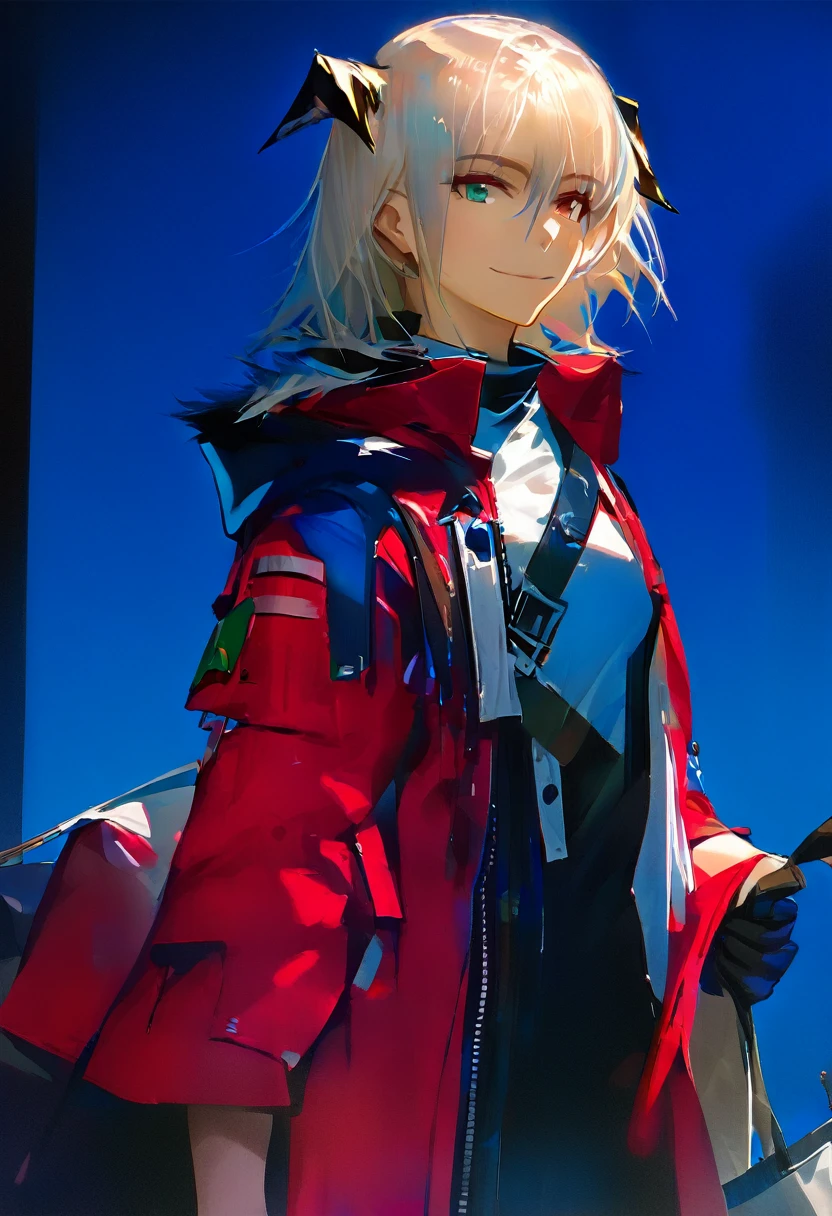 (woman), ((Mostima from arknights)), masterpiece, best quality, blue hair, ((short hair)), horns, plain white shirt, red fullbody coat, dark blue eyes, realistic anime style, smile, ((portrait)), black gloves, carring a bag.
