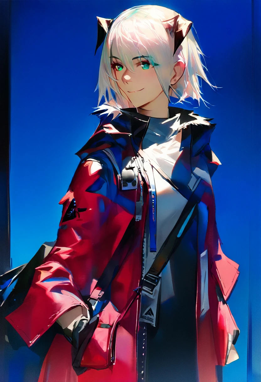 (woman), ((Mostima from arknights)), masterpiece, best quality, blue hair, ((short hair)), horns, plain white shirt, red fullbody coat, dark blue eyes, realistic anime style, smile, ((portrait)), black gloves, carring a bag.
