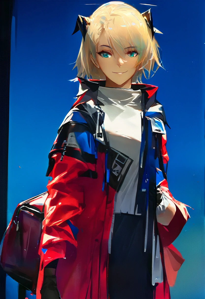 (woman), ((Mostima from arknights)), masterpiece, best quality, blue hair, ((short hair)), horns, plain white shirt, red fullbody coat, dark blue eyes, realistic anime style, smile, ((portrait)), black gloves, carring a bag.