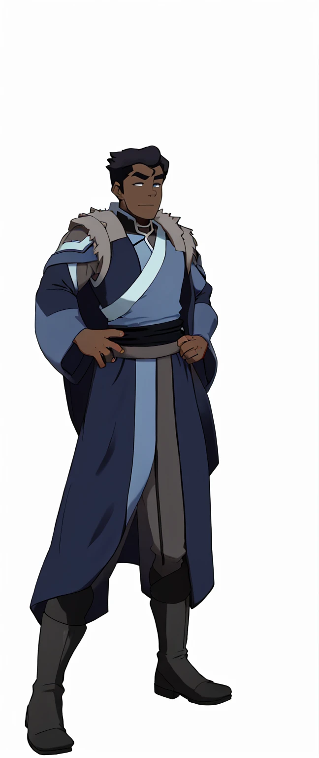 African-American, Bolin, water tribe traditional clothing mixed of blue and purple, with fur in shoulders and neck. Long sleeve, skinny, water tribe outfit. A dark blue or black high-collared sleeveless robe or tunic
A purple tabard or overtunic with lighter purple trim
A white fur-trimmed cape or cloak over the shoulders, fastened with a metal clasp
Black pants or leggings
Black boots that come up to just below the knee
A dark wristband or bracelet on one wrist

The character has dark skin, short black hair, and a serious expression. The outfit appears to be a mix of formal and practical styles, possibly indicating a character of some authority or importance in an animated series or film. The color scheme is primarily dark blues, purples, and black, with the white fur trim providing contrast.