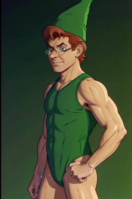 a redhead cartoon character dressed in a green leotard, very muscular, a young male wizard, 1980s cartoon, animated episode still, Presto (((mad))), ((He wears a wizard hat and eyeglasses))