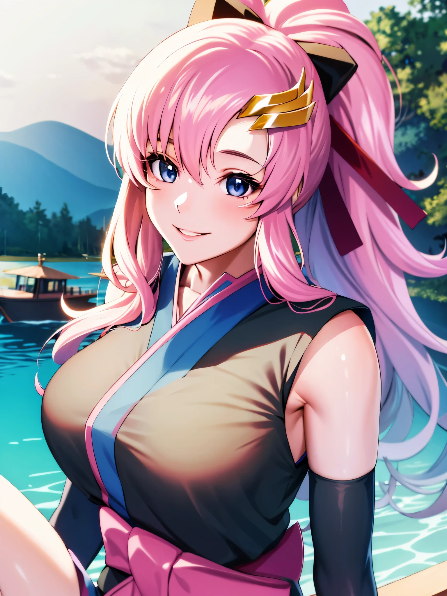 Armpit Show,masterpiece, Highest quality, High resolution, Lake 3, One Girl, alone, Lake 3, Pink Hair, Short kimono, blue eyes, hair ornaments, Very long hair, black sleeves, Sleeveless, kimono, bow, Black kimono, hair bow, ponytail, Floating Hair, Hair between the eyes, Big Breasts, Sitting, Sheet, Spaceship, smile, 