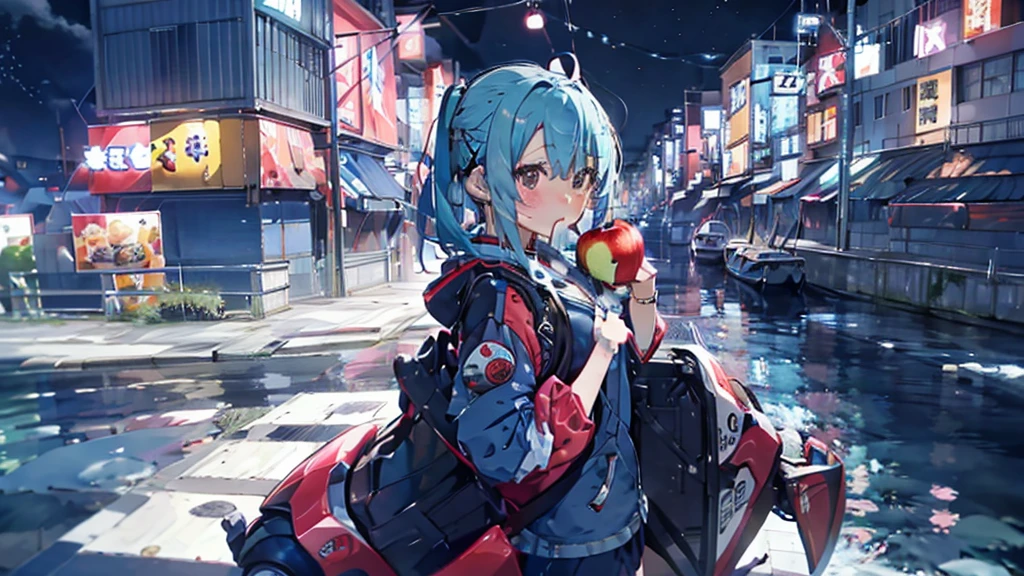 Wearing a souvenir jacket、woman、Eating an apple、Night Port、Embarrassed expression、Motorcycles of the future、masutepiece, light blue hair, ear blush, full blush, UHD, highres, best quality, 8k