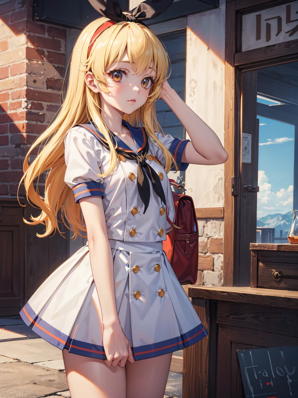 (masterpiece, best quality, highly detailed, ultra detailed, high resolution, absurdres, 4K, 8K:1.2), 
BREAK,shimakaze uniform:1.5, 10 years GIRL,Blonde_HAIR,(RED Ribbon on HAIRband:1.2)