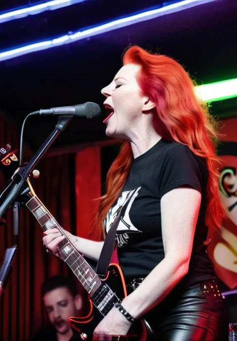Pale skinned slender mature white woman very flat chested long wavy bright red hair wearing black leather pants and tee-shirt with queen of spades logo on it, playing electric guitar and screaming in a microphone on stage in a dive bar