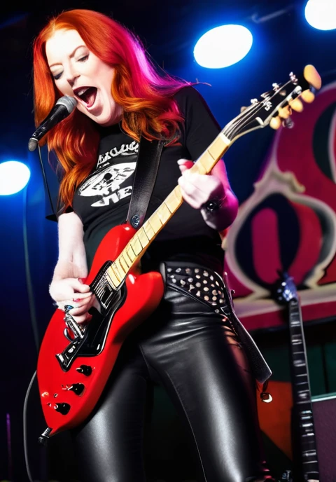 Pale skinned slender mature white woman very flat chested long wavy bright red hair wearing black leather pants and tee-shirt with queen of spades logo on it, playing electric guitar and screaming in a microphone on stage in a dive bar