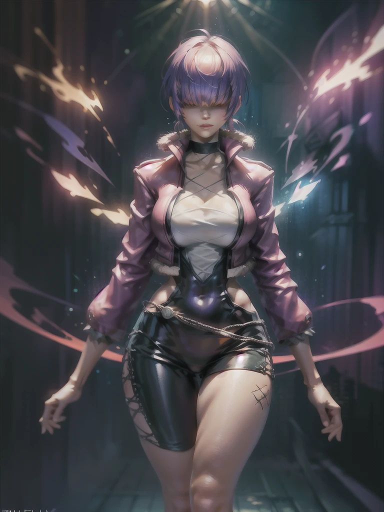 (night), in a video game scene with a neon background and a neon light,
Standing at attention,
pink suit, pink jacket, choker, neckline, clothing cut, 
earrings, purple hair, hair bangs covering eyes ((hair over eyes)),
1 girl, 20 years old, Young woman, Beautiful finger, Beautiful long legs, Beautiful body, Beautiful nose, Beautiful character design, perfect face,
looking at viewer (focusing on his face), mouth closed, Light_Smile,
official art, extremely detailed CG unity 8k wallpaper, perfect lighting, colorful, bright front lighting, shiny skin,
(masterpiece: 1.0), (best_quality: 1.0), ultra-high resolution, 4K, ultra-detailed,
photography, 8K, HDR, high resolution, absurdities:1.2, Kodak portra 400, film grain, blurred background, bokeh:1.2, lens flare, (vibrant_color:1.2), professional photography,
(Beautiful, breasts: 1.4), (beautiful_face: 1.5), (narrow_waist),