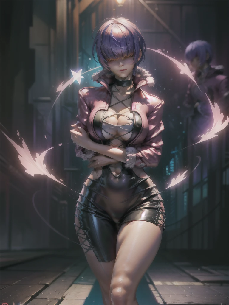 (night), in a video game scene with a neon background and a neon light,
Standing at attention,
pink suit, pink jacket, choker, neckline, clothing cut, 
earrings, purple hair, hair bangs covering eyes ((hair over eyes)),
1 girl, 20 years old, Young woman, Beautiful finger, Beautiful long legs, Beautiful body, Beautiful nose, Beautiful character design, perfect face,
looking at viewer (focusing on his face), mouth closed, Light_Smile,
official art, extremely detailed CG unity 8k wallpaper, perfect lighting, colorful, bright front lighting, shiny skin,
(masterpiece: 1.0), (best_quality: 1.0), ultra-high resolution, 4K, ultra-detailed,
photography, 8K, HDR, high resolution, absurdities:1.2, Kodak portra 400, film grain, blurred background, bokeh:1.2, lens flare, (vibrant_color:1.2), professional photography,
(Beautiful, breasts: 1.4), (beautiful_face: 1.5), (narrow_waist),