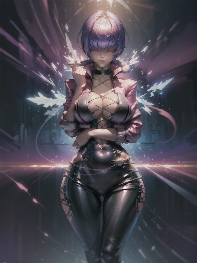 (night), in a video game scene with a neon background and a neon light,
Standing at attention,
pink suit, pink jacket, choker, neckline, clothing cut, 
earrings, purple hair, hair bangs covering eyes ((hair over eyes)),
1 girl, 20 years old, Young woman, Beautiful finger, Beautiful long legs, Beautiful body, Beautiful nose, Beautiful character design, perfect face,
looking at viewer (focusing on his face), mouth closed, Light_Smile,
official art, extremely detailed CG unity 8k wallpaper, perfect lighting, colorful, bright front lighting, shiny skin,
(masterpiece: 1.0), (best_quality: 1.0), ultra-high resolution, 4K, ultra-detailed,
photography, 8K, HDR, high resolution, absurdities:1.2, Kodak portra 400, film grain, blurred background, bokeh:1.2, lens flare, (vibrant_color:1.2), professional photography,
(Beautiful, breasts: 1.4), (beautiful_face: 1.5), (narrow_waist),