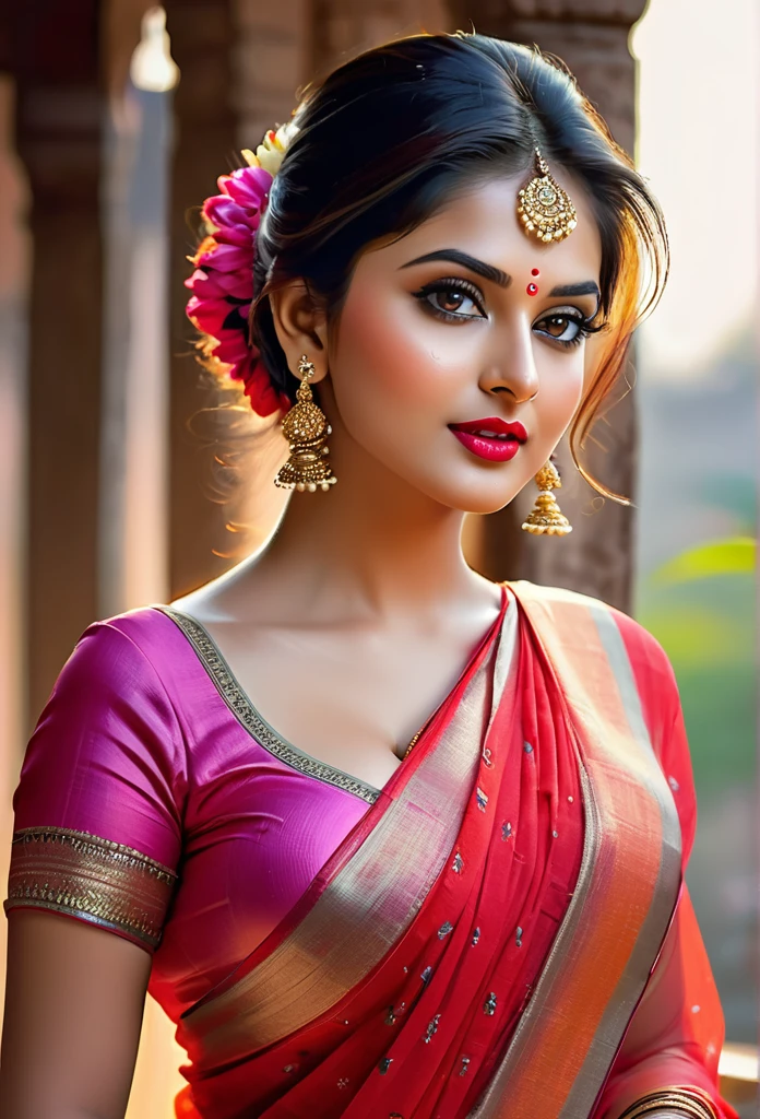 perfect pink eyes, fantastic face, Indian, beautiful look, ((red lips, bright eyes, curve heir 1.5)), ((beautiful details very big breast )), (Straight round and huge clevage, not sagging breast), A glorious gorgeous, glorious gorgeous face, pretty face, bright eyes, detailed elegant printed red saree, updo elegant hair, blurred gray tones background, ultra focus, face ilumined, face detailed, 8k resolution, painted, dry brush, brush strokes, razumov style and garmash style, by Tokaito, ((Full Open )), full body, sexy open thin belly, upper body part totally naked, sexy Big breast, wearing colourful saree