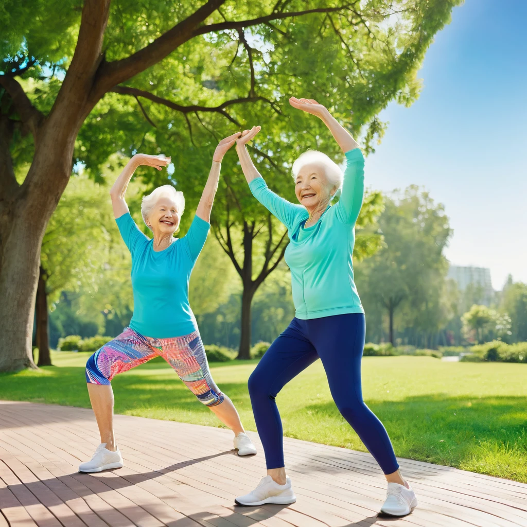 An outdoor park on a sunny day. Show at dinner ((an elderly couple)) in colorful sportswear, ((smiling and doing physical exercises highlighting your flexibility and freedom of movement)), symbolizing pain relief and a high quality of life. The background is filled with lush green trees and a clear blue sky. The general mood is happy and active.
