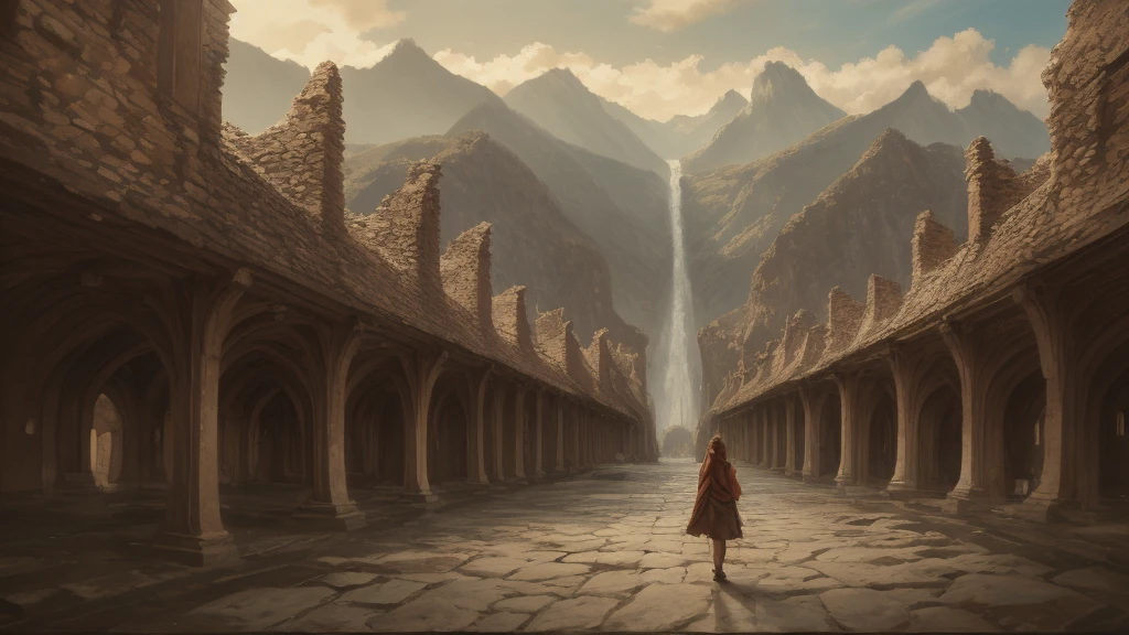 wide angle, panoramic view, a detailed fantasy landscape, enchanted forests, majestic mountains, inspired by tolkien, in the style of john howe, ruins, ruined fortress, best quality, 4k, 8k, highres, masterpiece:1.2, ultra-detailed, realistic, photorealistic, photo-realistic:1.37, hdr, uhd, studio lighting, ultra-fine painting, sharp focus, physically-based rendering, extreme detail description, professional, vivid colors, bokeh, cinematic
