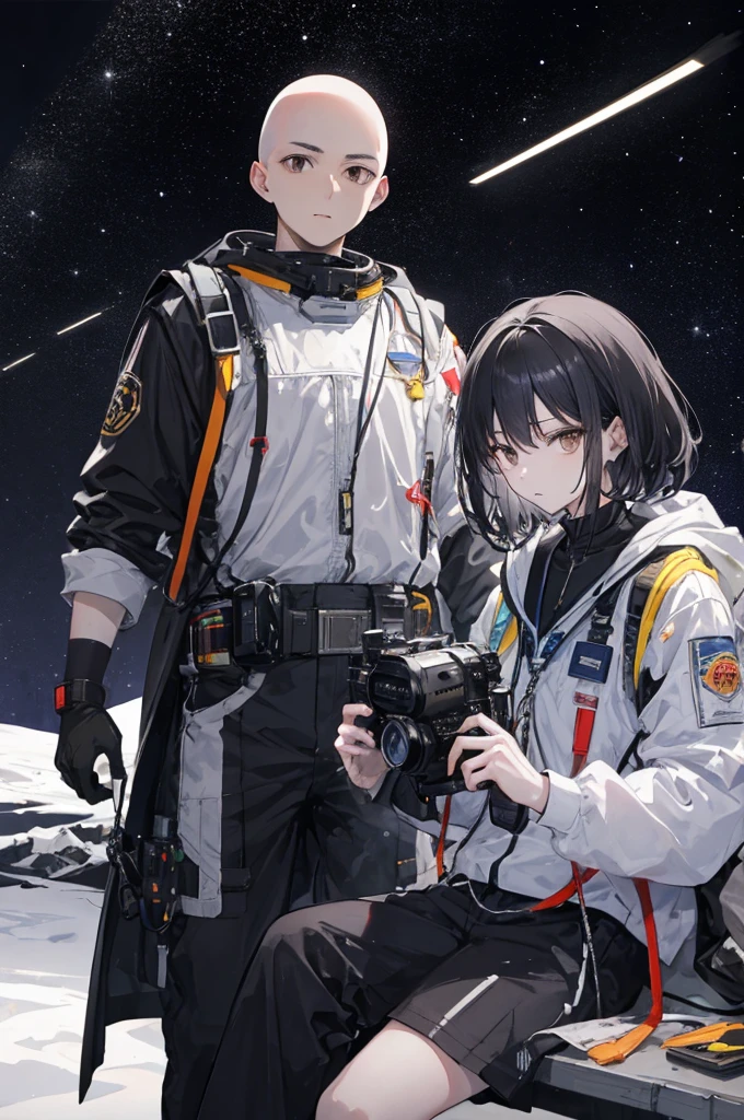 Draw a couple. a woman and a man. The woman with wide hips straight black hair with well-combed waves and a bald man athletic appearance wide nose space suit street shot cowboy silver chain on his neck, sitting on a research platform floating in the middle of an asteroid belt. He is taking a camcorder with one of his hands and Jupiter behind. Spectacular star lighting illuminates the scene., casting deep shadows on the black and white suit. The young man seems confident, determined and calm, looking at the vast and mysterious universe with respect and determination, large detailed dark brown eyes