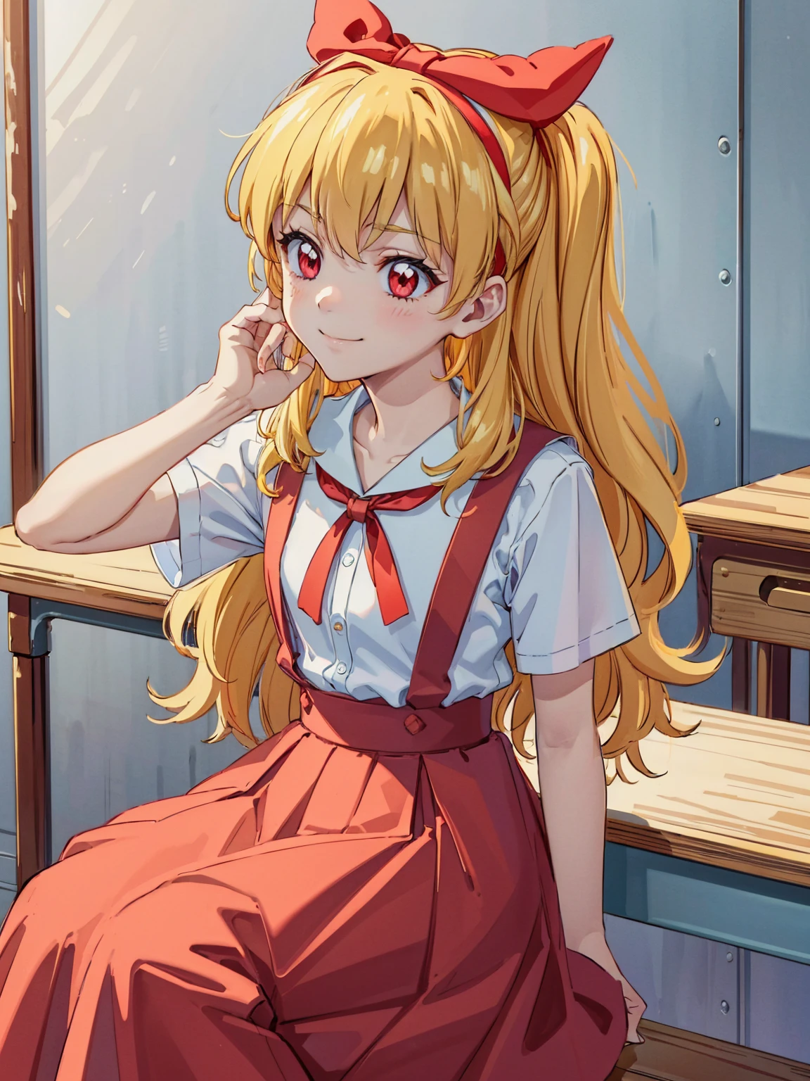 (red ribbon on hairband:1.2),（8K, best quality, muste piece:1.2)、ultra high resolution,1 very cute girl,hosimiya ichigo,ultra-detailed face, detailed eyes,RED eyes,,White sailor collar plain short sleeve shirt,light blue skirt,Light blue suspenders,uniform_red ribbon,Blonde Hair,long hair、detailed hand fingers,hand in own hair,smirk、sitting in a chair,desk in front of her,,classroom