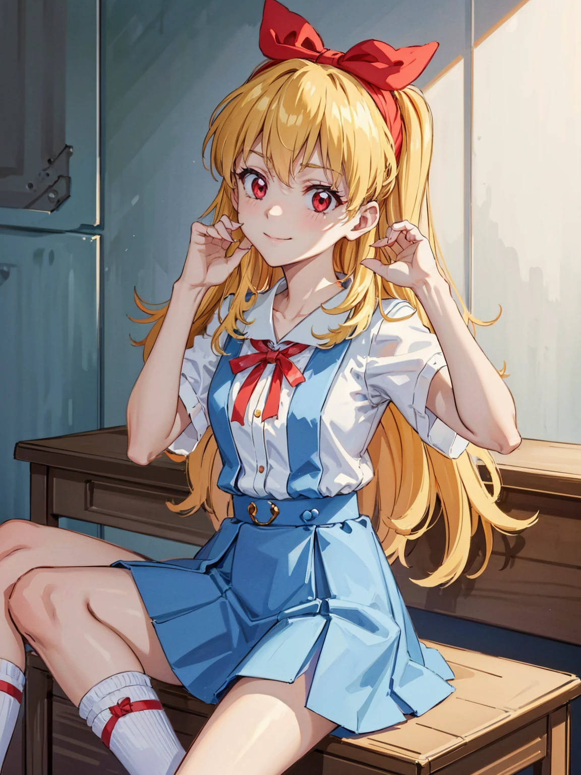 (red ribbon on hairband:1.2),（8K, best quality, muste piece:1.2)、ultra high resolution,1 very cute girl,hosimiya ichigo,ultra-detailed face, detailed eyes,RED eyes,,White sailor collar plain short sleeve shirt,light blue skirt,Light blue suspenders,uniform_red ribbon,Blonde Hair,long hair、detailed hand fingers,hand in own hair,smirk、sitting in a chair,desk in front of her,,classroom